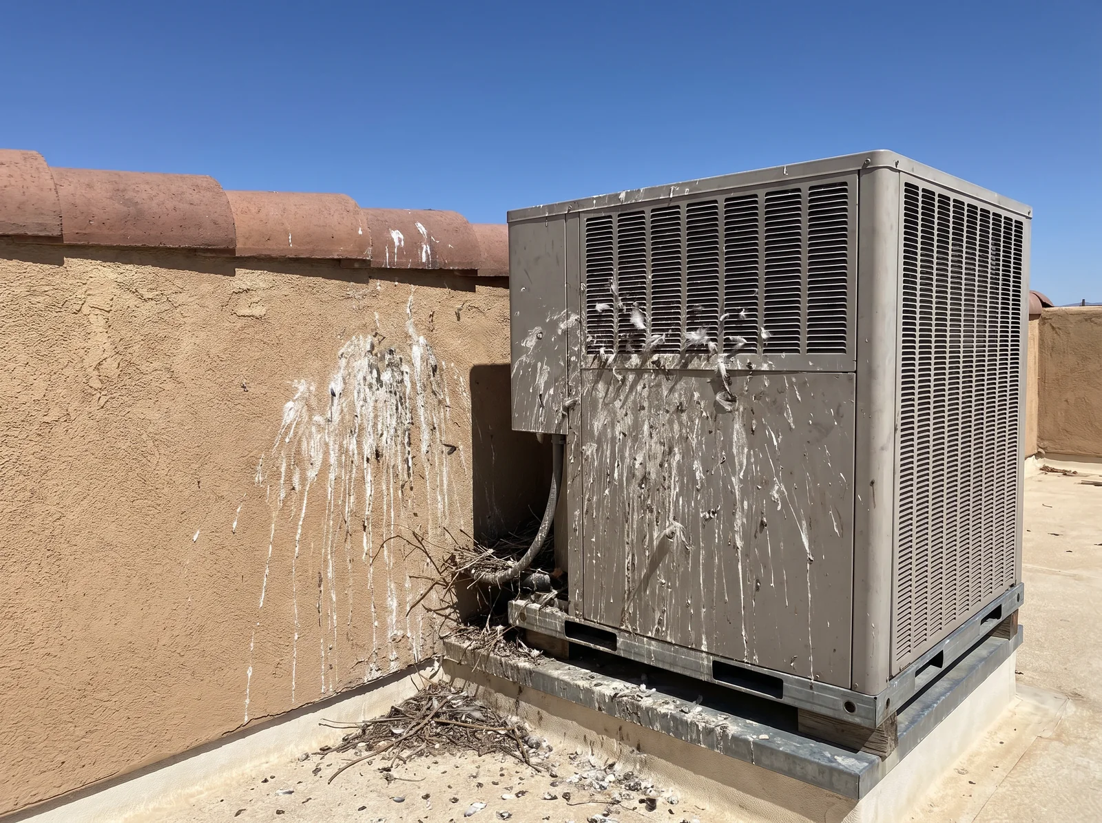 Heavy pigeon droppings crusted on a rooftop air conditioning unit and streaking a stucco wall below a tile roof