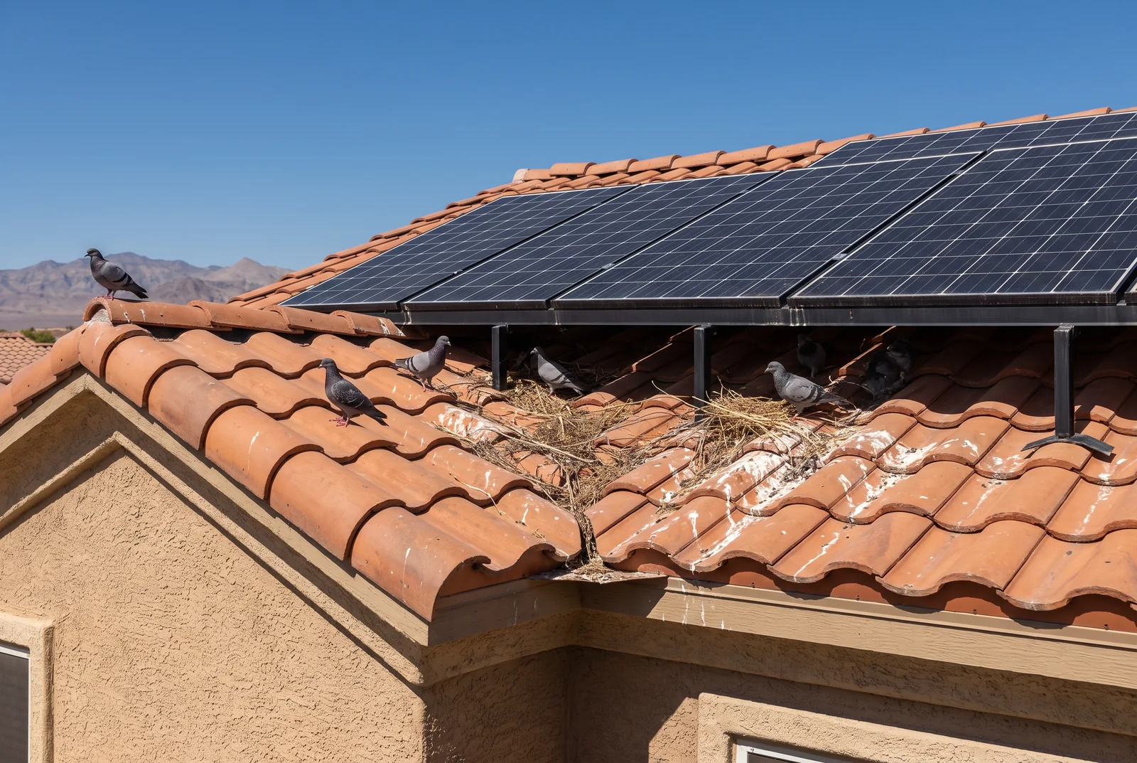 Pigeons roosting under rooftop solar panels on a clay tile roof of a Las Vegas home, with nesting material and droppings on the tiles below