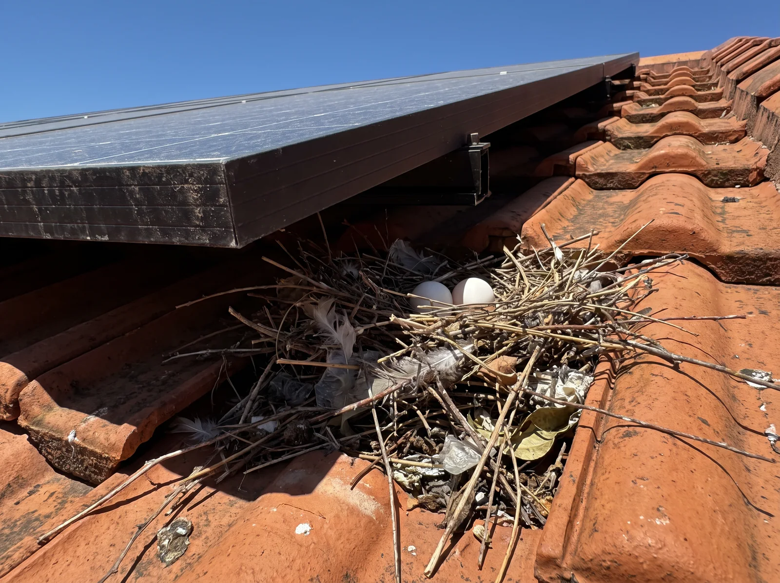 A pigeon nest of twigs and feathers with two eggs wedged under the edge of a rooftop solar panel on a clay tile roof