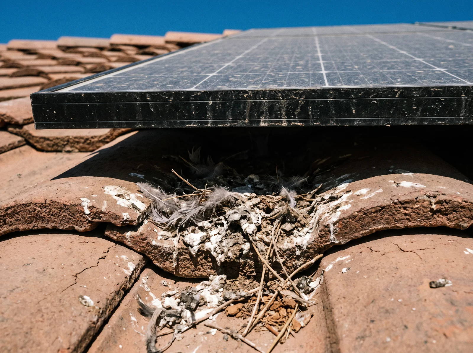 Crusted pigeon droppings and feathers built up on roof tiles in the shaded gap under the edge of a solar panel