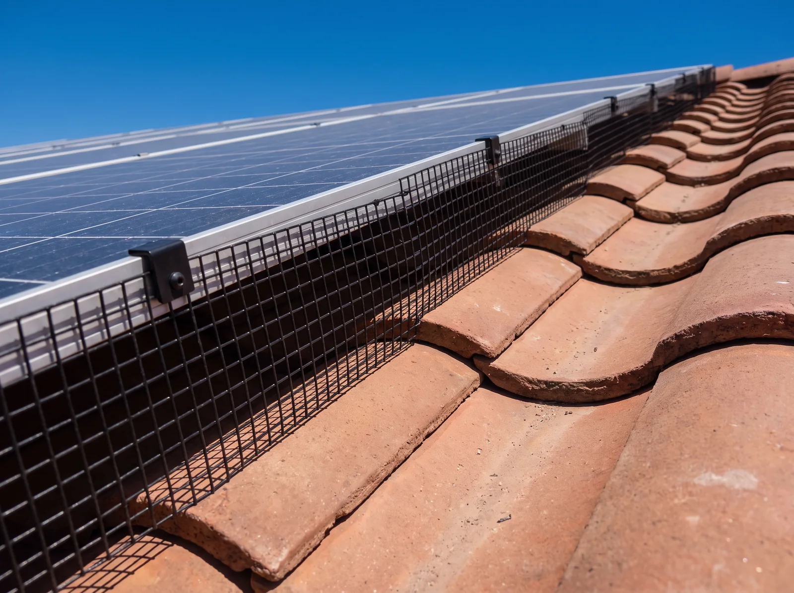Black wire mesh clipped along the edge of a rooftop solar array on a clay tile roof, closing the gap under the panels