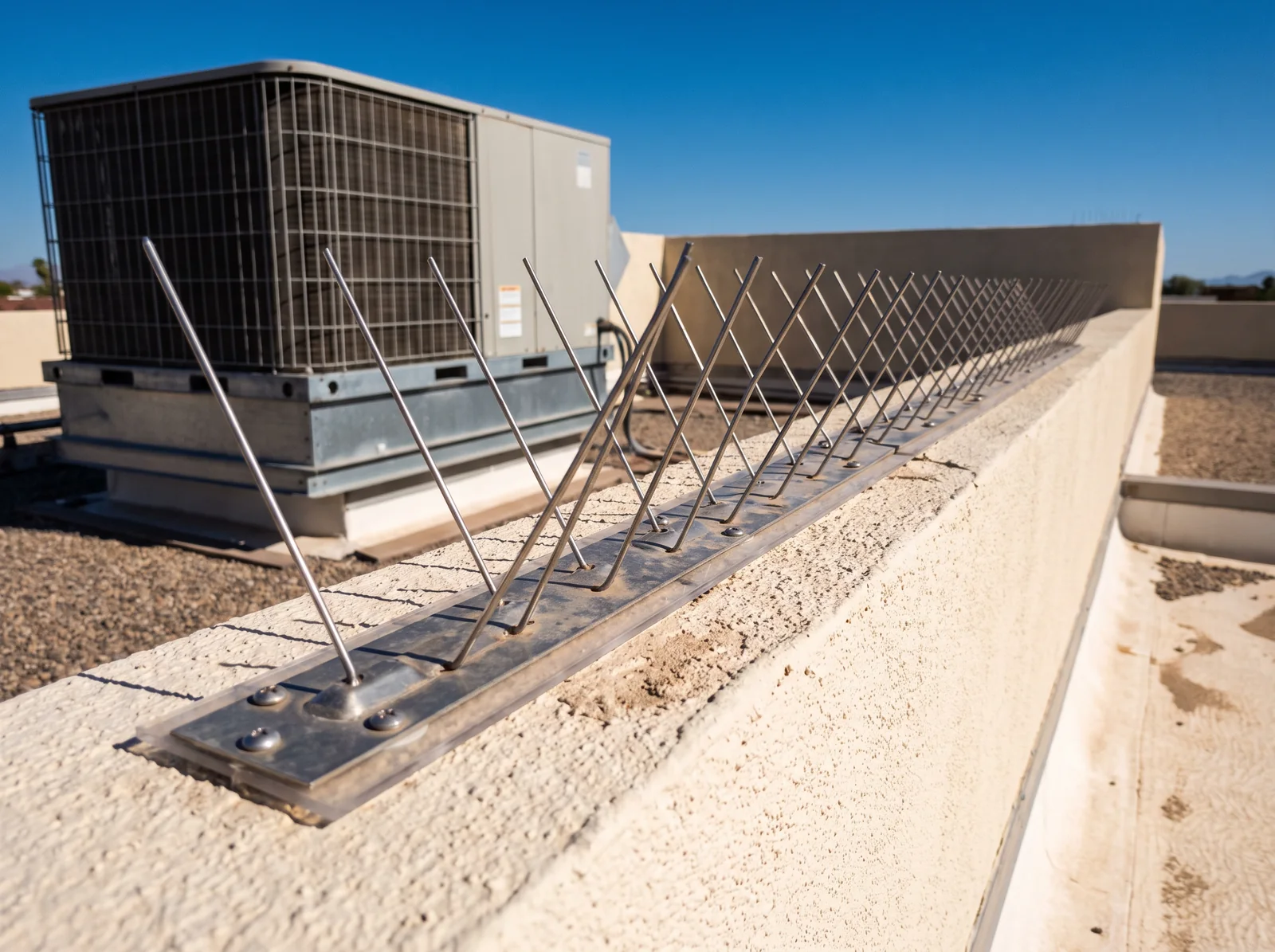 Stainless steel bird spikes along the top of a stucco parapet wall on a Las Vegas flat roof, with a rooftop air conditioning unit behind