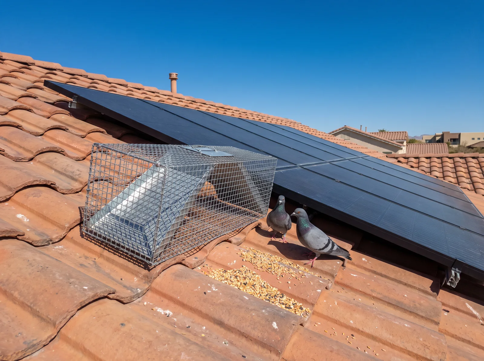 A wire live pigeon trap set on a clay tile roof beside a rooftop solar array, two pigeons near the entrance